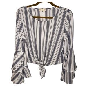 Altar’d State gray striped bell sleeve front tie knot blouse